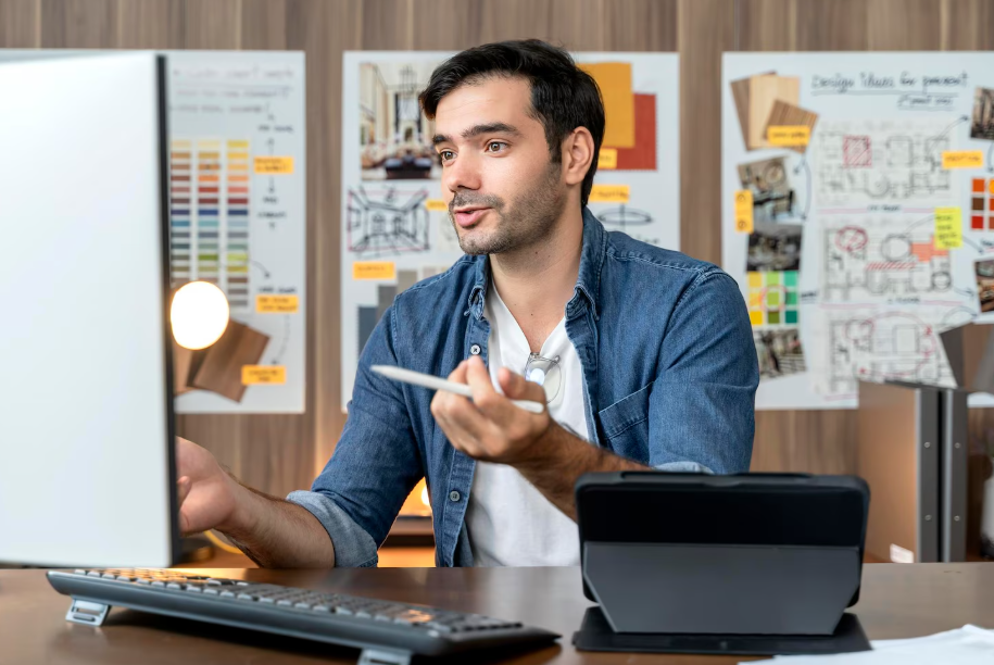 Man at desk with mood boards and color swatches behind him, building a profitable online brand.