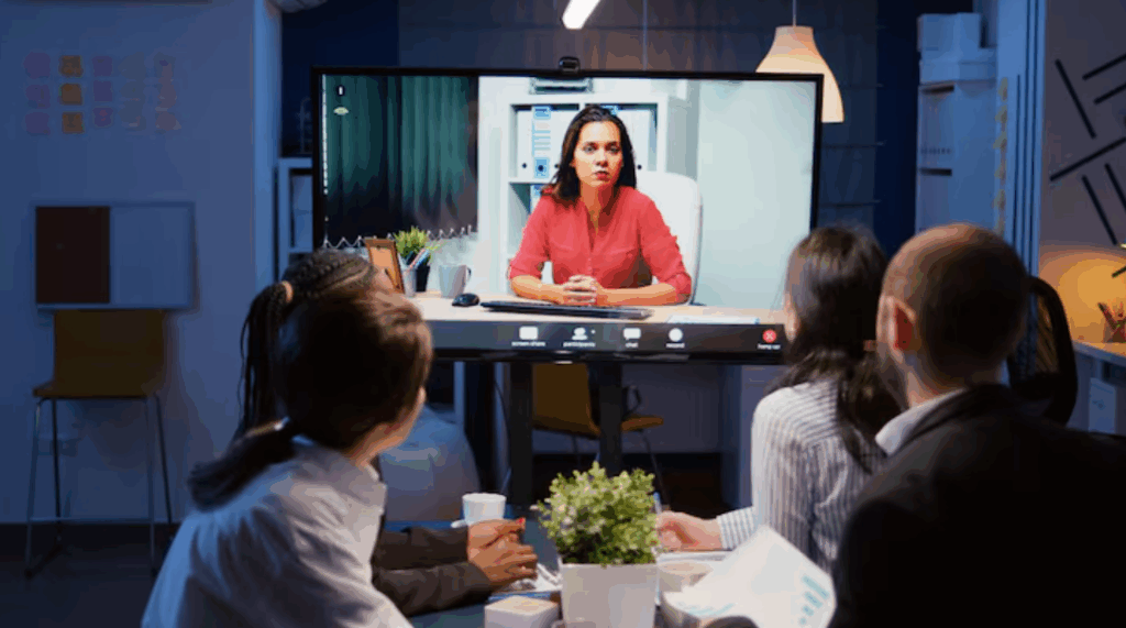 Office team collaborating with a remote colleague on a large screen