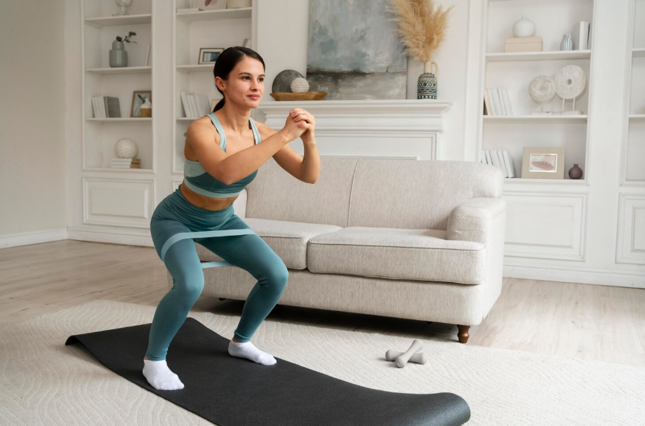 Woman performing a resistance-band squat at home, demonstrating functional fitness training.